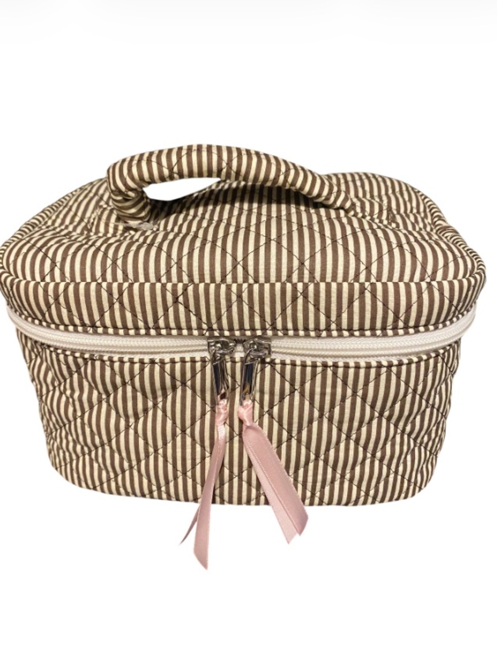 Wild Fable Quilted Stripe Cosmetic Case - Brown & Cream Pink Ribbon Zipper Pulls